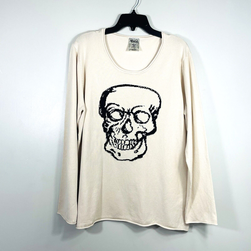 Vocal USA L Sweater Top Skull Printed Cream Long Sleeve Rolled Hem Womens